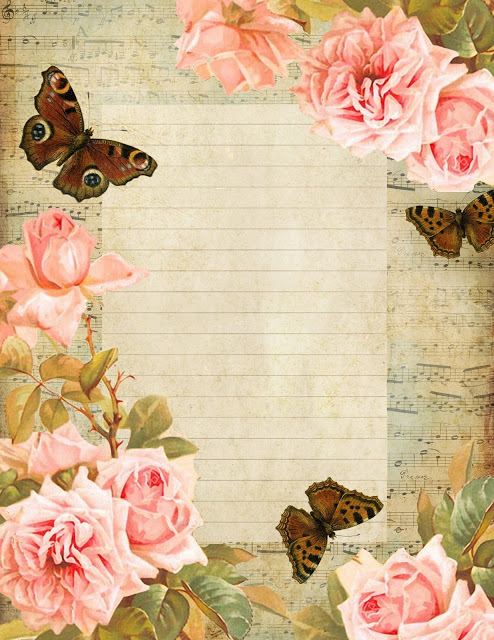 French sheet music lined paper ~ brown butterflies pink roses blue sky (494x640, 127Kb)
