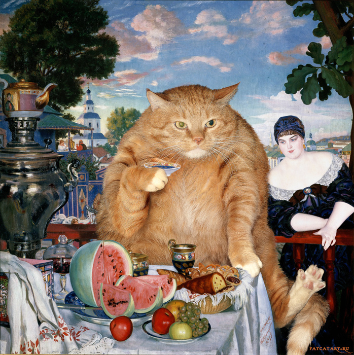 Kustodiev_Boris_-_Merchants_Wife_at_Tea_-cat-w (698x700, 372Kb)