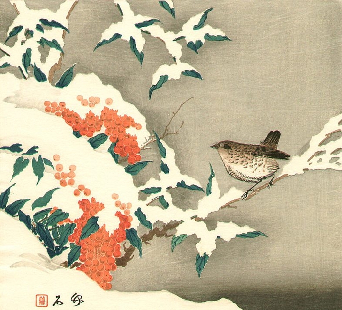 Bird on Snowy Branch, . 1900 (700x634, 351Kb)