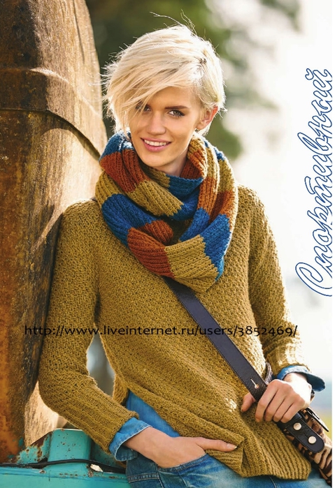 Снуд с разноцветными полосами и пуловер схема  описание (479x700, 305Kb)