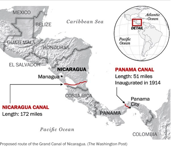Проект никарагуанского канала на карте