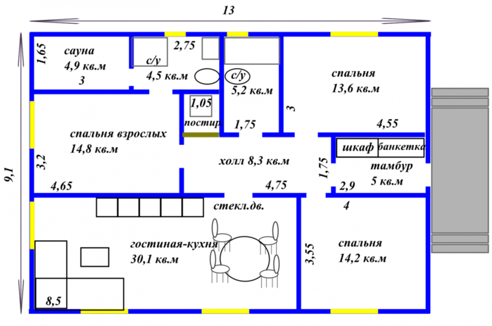 План дома 8 на 13