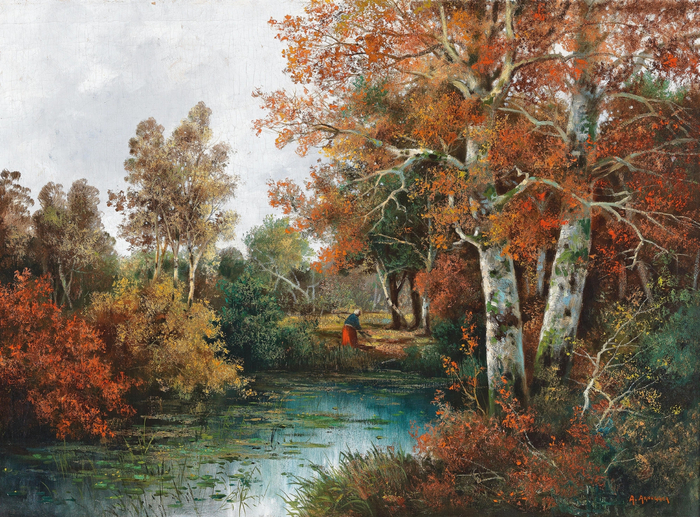 Alois Arnegger Woman Gathering Brushwood by the Pond (700x517, 610Kb)