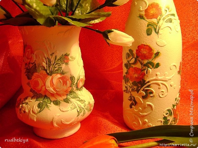 Декоративная бутылка и вазочка из плафона. Декупаж (11) (650x488, 228Kb)