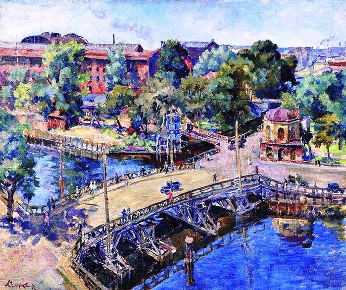 45 Александр Осмёркин «Ленинград. Пейзаж с деревянным мостом» 1946 (700x585, 673Kb)