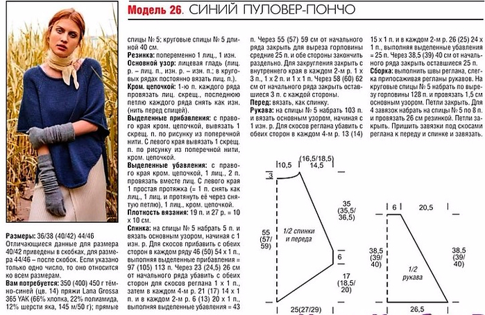 Пуловер пончо спицами с описанием и схемами