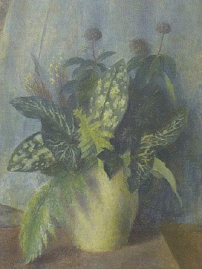 A still life with ferns and arum lily leaves in a white vase, (400x534, 136Kb)