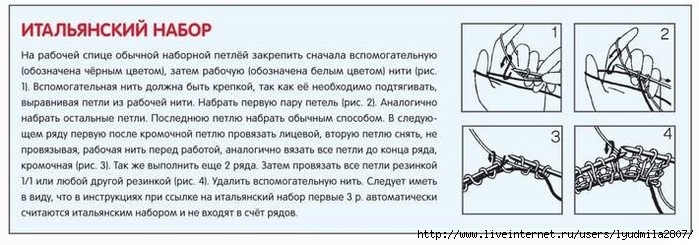 Итальянский набор петель для резинки. Итальянский набор петель с дополнительной нитью. Итальянский набор петель 2х2. Итальянский набор петель спицами.