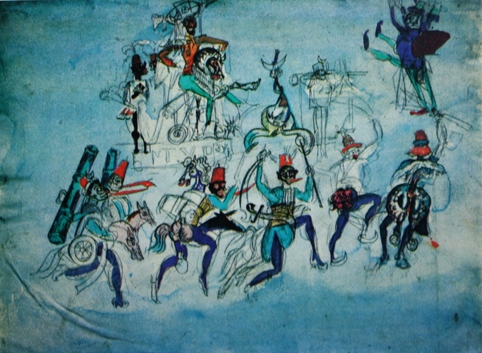 1922 Эскиз «Шествия мавров и Мурзука» к оперетте «Жирофле-Жирофля» Ш.Лекока, Камерный театр»Б, акв, кар, гуашь, бел 33,5х44,5 ГЦТМ (700x512, 199Kb)