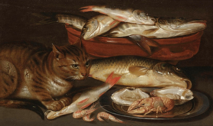 Натюрморт с кошкой, сидящей у миски с рыбой_28.8 х 47.8_д.,м._Частное собрание (700x416, 304Kb)
