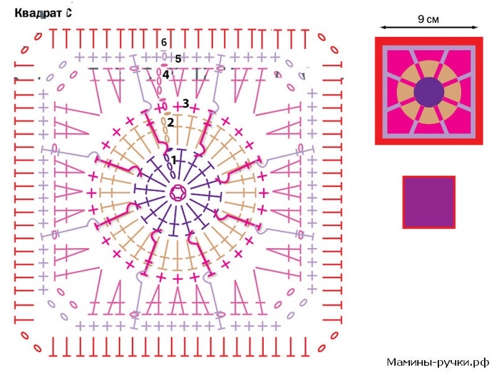 Цветок в бабушкином квадрате крючком схема