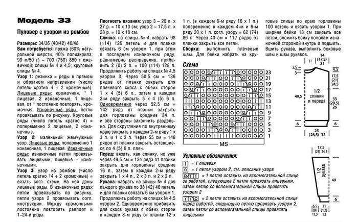 Джемпер ромбами спицами женский схемы и описание