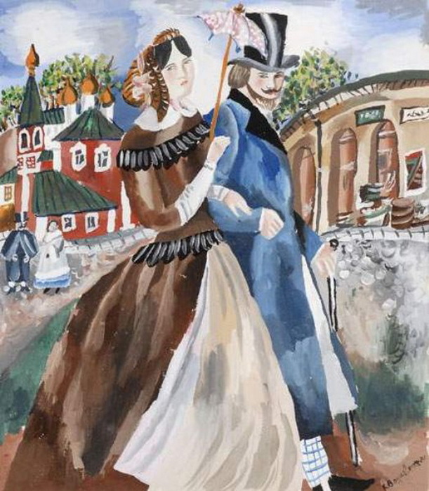 Элегантная пара на прогулке. Бум,  гуашь. 13.19 x 11.61 дюйм (611x700, 144Kb)
