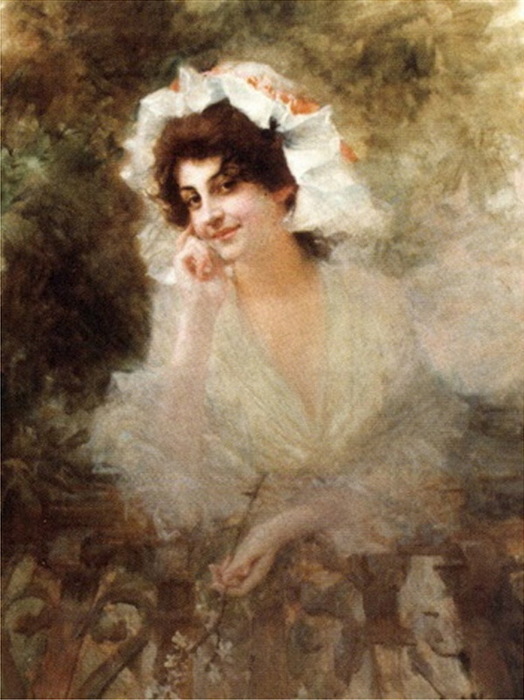Jeune femme tenant une branche fleurie. , . 131 x 97,5 cm  (524x700, 111Kb)