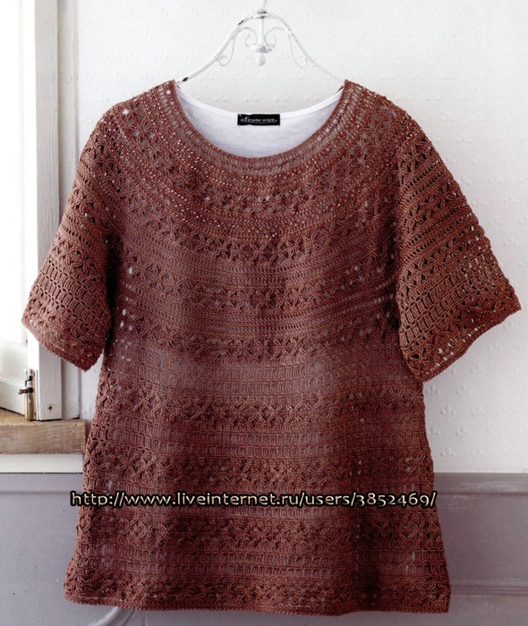 Летний пуловер, связанный по кругу одним полотном (590x700, 337Kb)