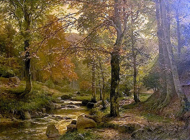 Forrest scene with creek and deer (646x476, 564Kb)