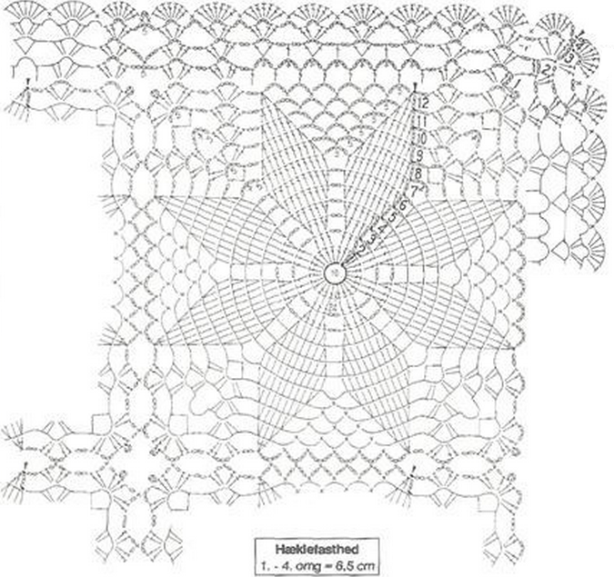 Квадратные мотивы крючком со схемами для скатерти