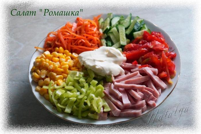 Салат ромашка с курицей и фасолью