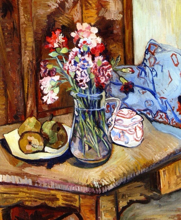 A Corner of the Table with Flowers and Fruit. (577x700, 553Kb)