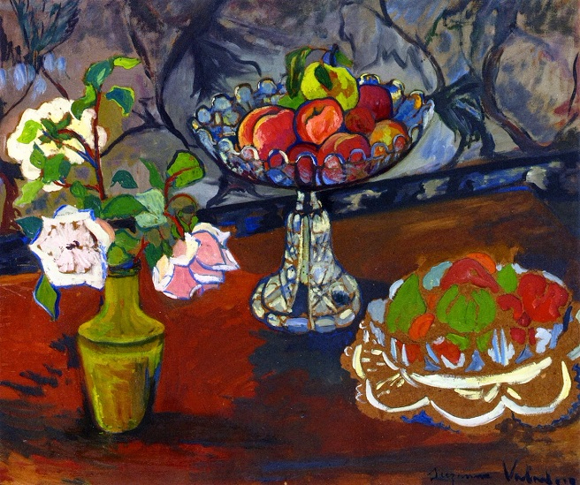 Still Life with Bouquet of Roses and Bowls of Fruit (656x549, 529Kb)
