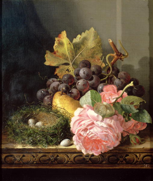 Still life, roses, fruit & bird's nest (508x600, 211Kb)