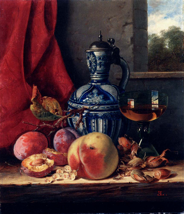 still_life_with_peaches,_whitecurrants,_hazelnuts,_a_glass_and_a_stoneware_jug_on_a_wooden_ledge_with_a_landscape_beyond (604x700, 464Kb)