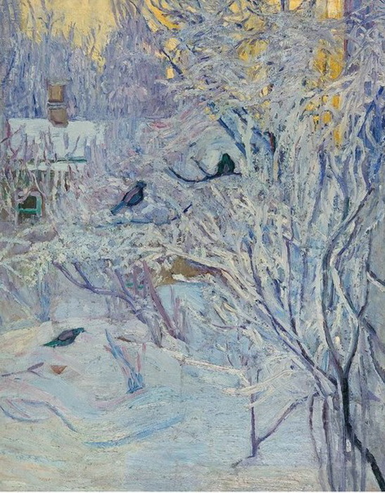 1906-1907 Угол дома и снегири на дереве. Зима. (547x700, 190Kb)
