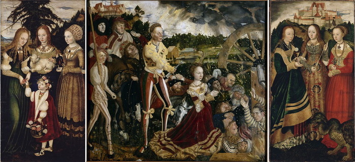 1506 Katharinenaltar, Gesamtansicht, linker Flügel - Die Heiligen Dorothea, Agnes und Kunigunde.  . 127 × 139.5. 121.464  124.566 cm  (700x319, 121Kb)