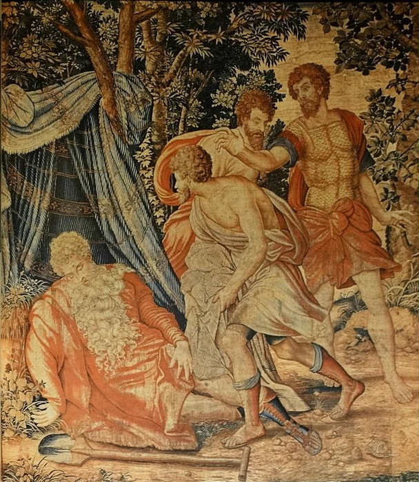 1550 Из серии История Ноя.  Detail of Noah's Inebriety, an arras (tapestry) woven in Brusselso Michiel Coxie's design. Вавельский замок (608x700, 225Kb)