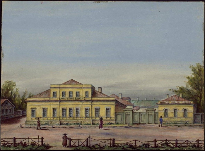 1940-е Дом графа П.Л. Санти в Большом Харитоньевском переулке. Здесь с середины 1803-1807 г. жил Пушкин. Бум, акв, тушь. (700x517, 116Kb)