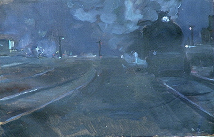 1920 Ночной пейзаж с паровозом. Бумага, масло. 19,5 х 30,2 (Чувашский ХМ) (700x448, 97Kb)