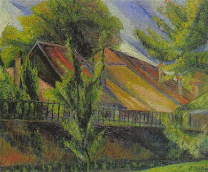 1918 Hausdächer unter Bäumen.   , . 5 x 43 cm.  (700x579, 144Kb)