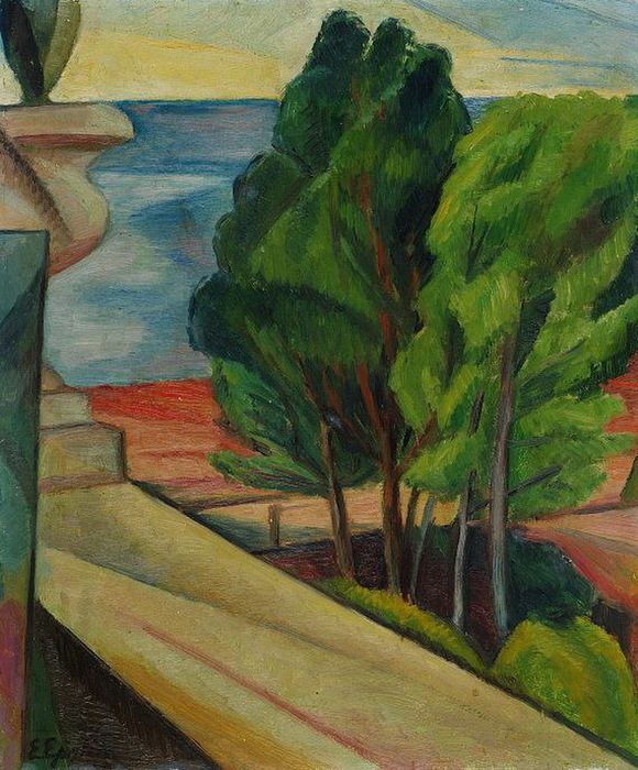 1930 Blick auf Bäume und Meer. , . 45.7 x 37.8 cm.  (580x700, 170Kb)