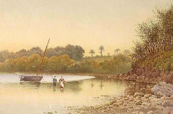 Figures by a beached boat on the Dart. Watercolour, 8.5in. x 13in.  Burstow & Hewett. Battle, UK 2006 (700x463, 105Kb)
