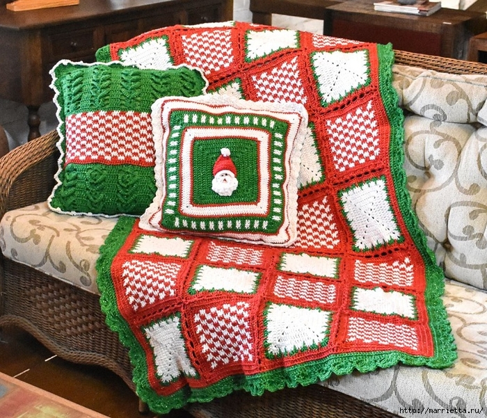 Рождественское вязание. Плед и подушки с Санта-Клаусом (1) (700x601, 482Kb)