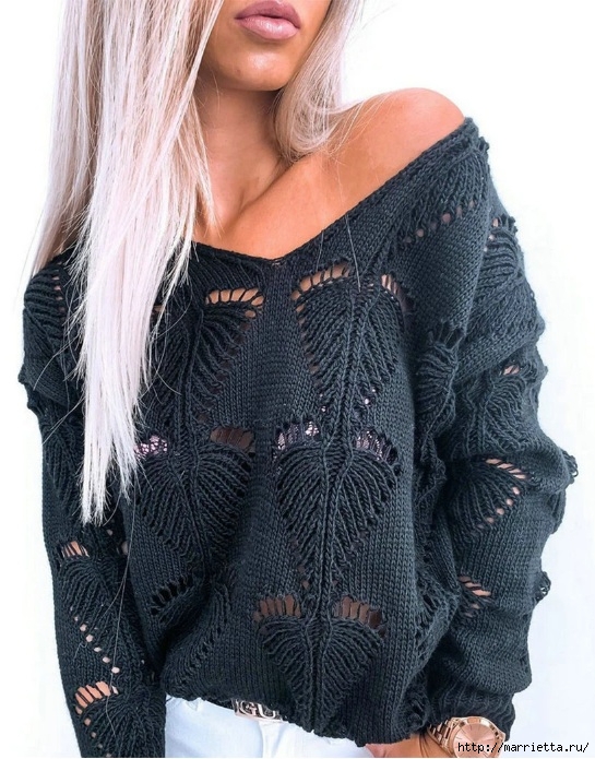 Пуловер спицами ажурным узором «Листик» - модный тренд сезона (5) (545x695, 285Kb)