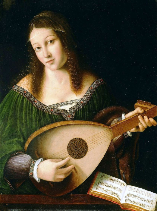 Bartolomeo Veneto and Workshop - A Lady Playing a Lute [c.1530] (521x700, 382Kb)