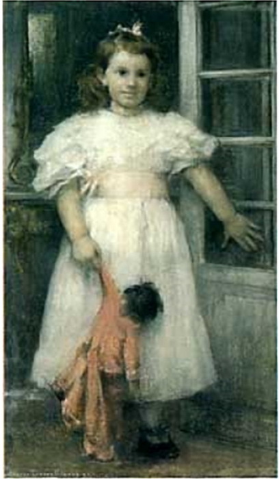1904 Fillette à la poupée devant une porte. , . 73  43 . , (408x700, 71Kb)