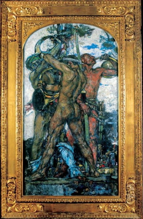 1909  Sonneurs de trompe, huile sur papier marouflé 144 x 80 ,  (455x700, 166Kb)