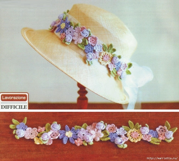Цветы крючком для украшения летней шляпки (1) (700x633, 339Kb)