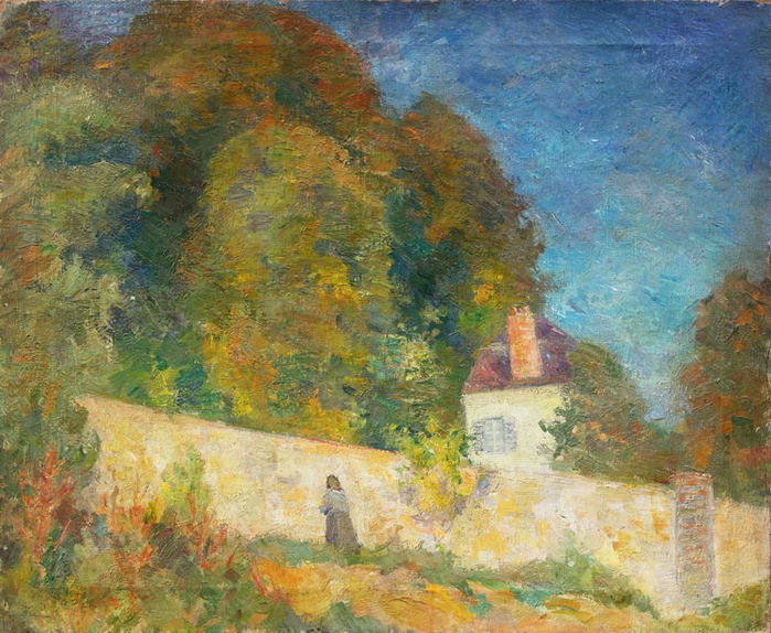 1930- + A House Behind a Wall, Outskirts of Paris. , . 60 by 74 cm.  (700x574, 187Kb)