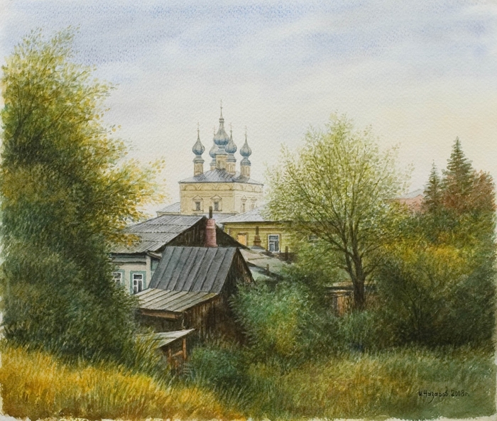 351 Вид на Богословскую церковь в Юрьев-Польском (живопись акварель) художник Иван Назаров (700x593, 335Kb)