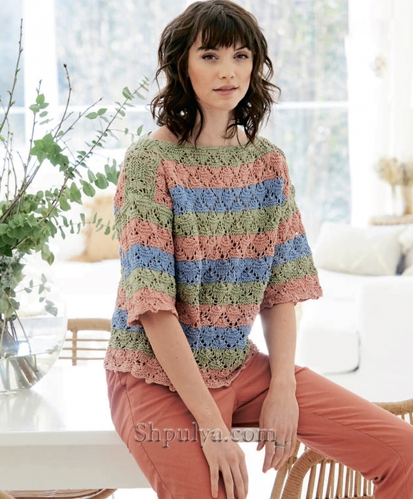 Трехцветный пуловер в полоску с короткими рукавами/5557795_3796 (579x700, 298Kb)