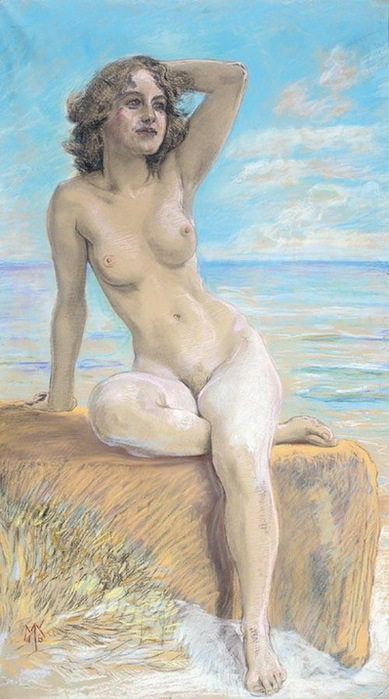 1916 Female nude sitting on the cliff overlooking the sea (389x700, 94Kb)