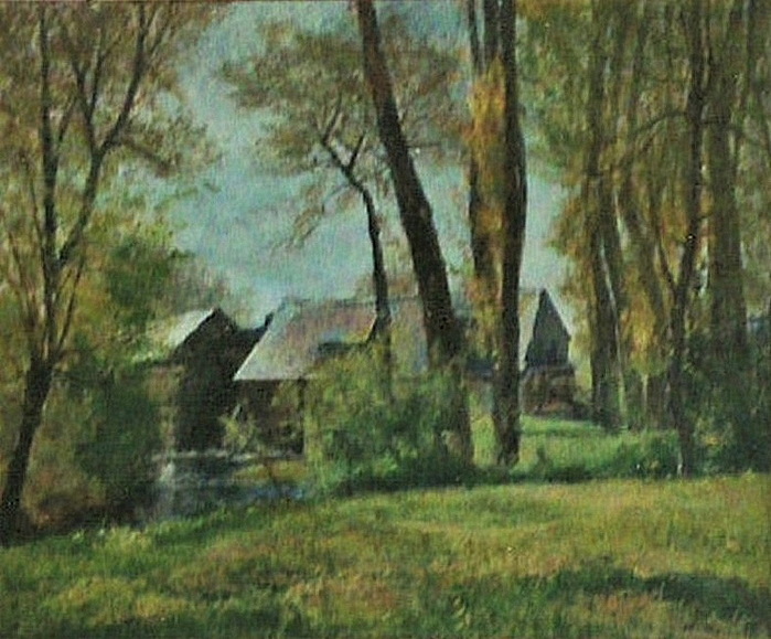 1881 unknown (river, houses, mill~, field, trees), cm, xx (aR20). Compare 6IE-1881-133, Paysage breton + 137, Village Breton. (700x579, 143Kb)