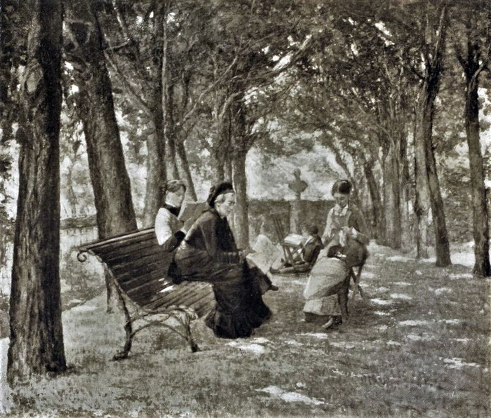 1880-1885 On the Fourneaux terrace at Melun, etch after painting, (700x596, 195Kb)