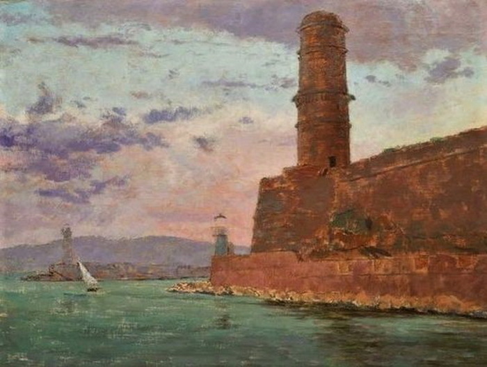 1891 View on (the lighthouse of)  Vue de Collioure, 58×72, private .  1881-127, Entrée du port de Portrieux..Port dAntibes.  (700x528, 97Kb)