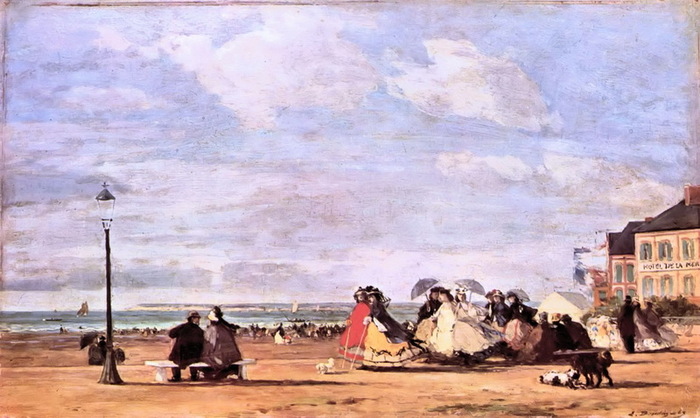 1863 La Plage à Trouville. L'impératrice Eugénie et sa suit, Glasgow, collection Burrell. (700x418, 108Kb)