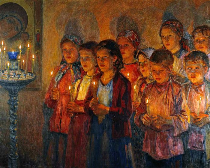 Н.П. Богданов-Бельский. В церкви. 1939 (700x560, 536Kb)