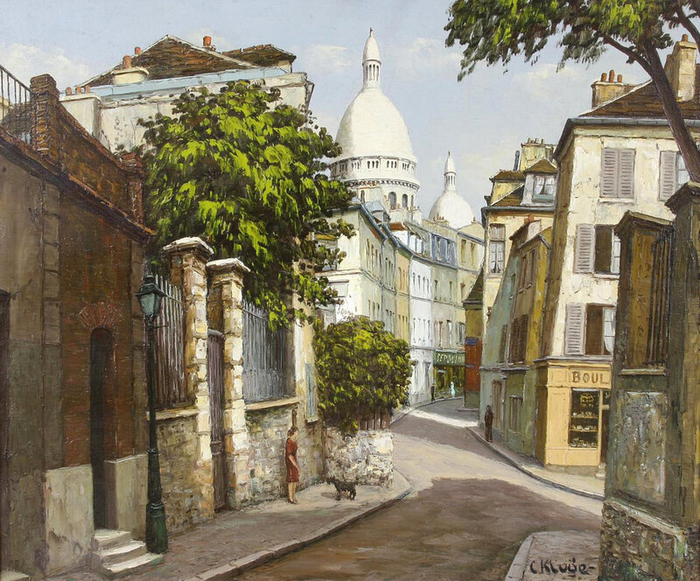 Parisan street scene with a view of the Sacre Coeur in the background (700x581, 523Kb)